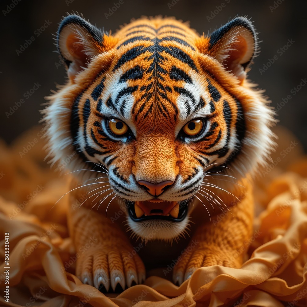 Fototapeta premium Powerful Young Tiger Cub Close Up Fierce Intense Eyes Orange Fur Wildlife