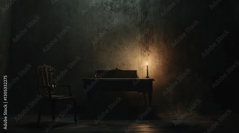 Dark antique room with desk and chair, lit by candle. Possible use stock photo Dark antique room with desk and chair, lit by candle. Possible use stock photo