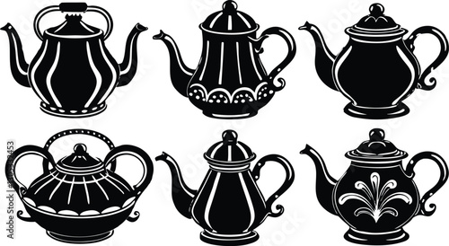 Classic Teapots with Ornate Details in a Black and White Collection Vintage Silhouette Art for Kitchen and Tea Party Decor