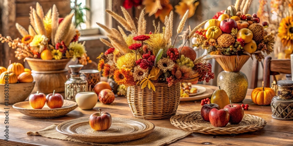 Autumnal Harvest Table Setting with Dried Flowers and Fruit Centerpieces Autumnal Harvest Table Setting with Dried Flowers and Fruit Centerpieces