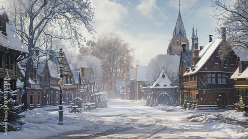A magical snowy street in an old European town, filled with nostalgic charm.