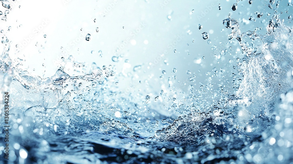 A detailed image of water droplets splashing on a water body against a backdrop of blue sky A detailed image of water droplets splashing on a water body against a backdrop of blue sky