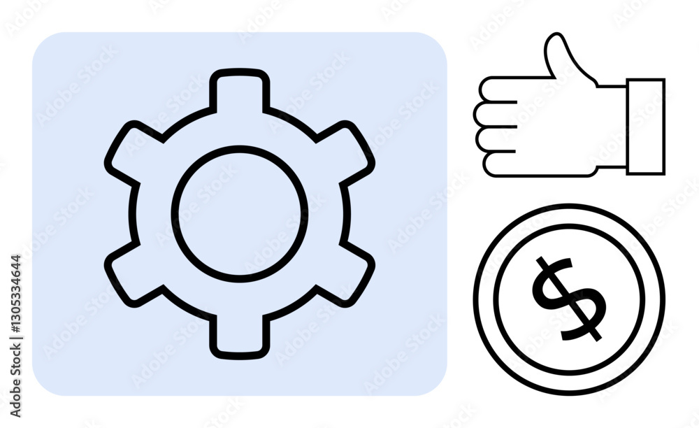 Gear symbol for productivity, thumbs-up for positive feedback, and dollar sign for wealth. Ideal for business strategy, finance, productivity, management, success teamwork and goal planning. Flat Gear symbol for productivity, thumbs-up for positive feedback, and dollar sign for wealth. Ideal for business strategy, finance, productivity, management, success teamwork and goal planning. Flat