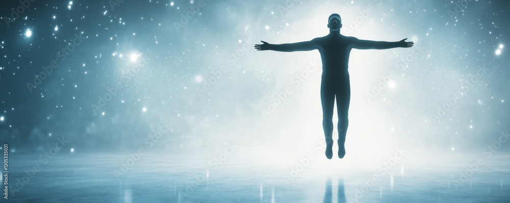 Naklejka premium Person in meditation amidst glowing stars.