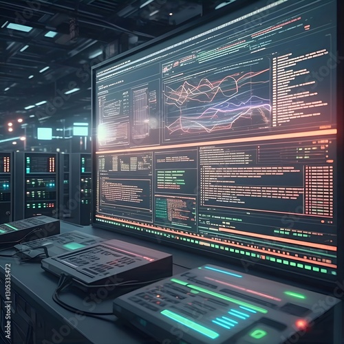 Data center monitoring screen with advanced analytics and graphical display.