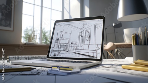 Wallpaper Mural Interior Design Sketch on Laptop, Home, Design Torontodigital.ca