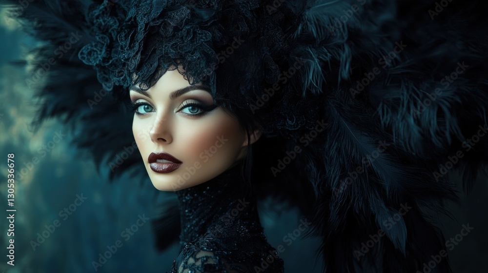 Woman in ornate black feathered headdress Woman in ornate black feathered headdress