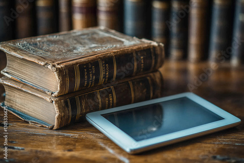 a tablet computer sitting next to a book on a table in a library with old books on the shelves