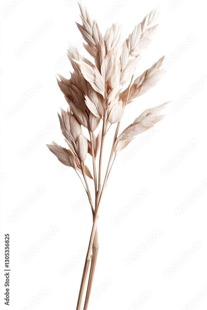 Fototapeta premium A delicate arrangement of dried pampas grass features soft beige tones, creating a minimalist and elegant botanical display against a white background. Perfect for home decor