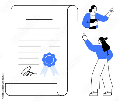Document with official seal and signature next to two individuals gesturing in discussion. Ideal for law, partnership, certification, negotiation, validation, collaboration, agreement. Flat simple