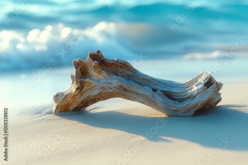 Driftwood on Sandy Beach, Ocean Waves