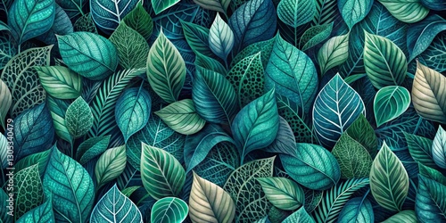 Wallpaper Mural Deep Teal and Emerald Green Lush Foliage Seamless Pattern, Botanical Illustration with Intricate Leaf Details for Textile, Wallpaper, or Surface Design Torontodigital.ca