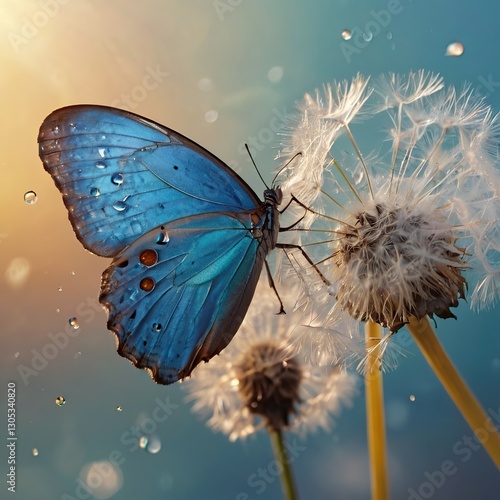 Vibrant blue butterfly perched on a dandelion near a sunlit background creating a serene nature moment