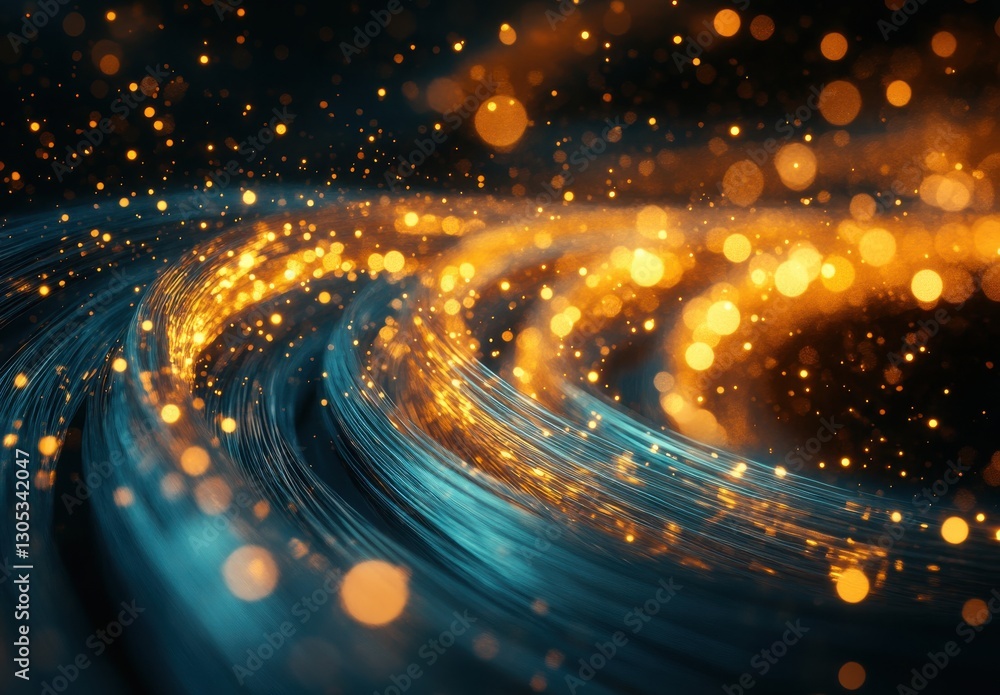 Obraz premium Glowing Particles and Wavy Light Trails in a Stunning Abstract Background with Bright Gold and Blue Colors for Creative Use