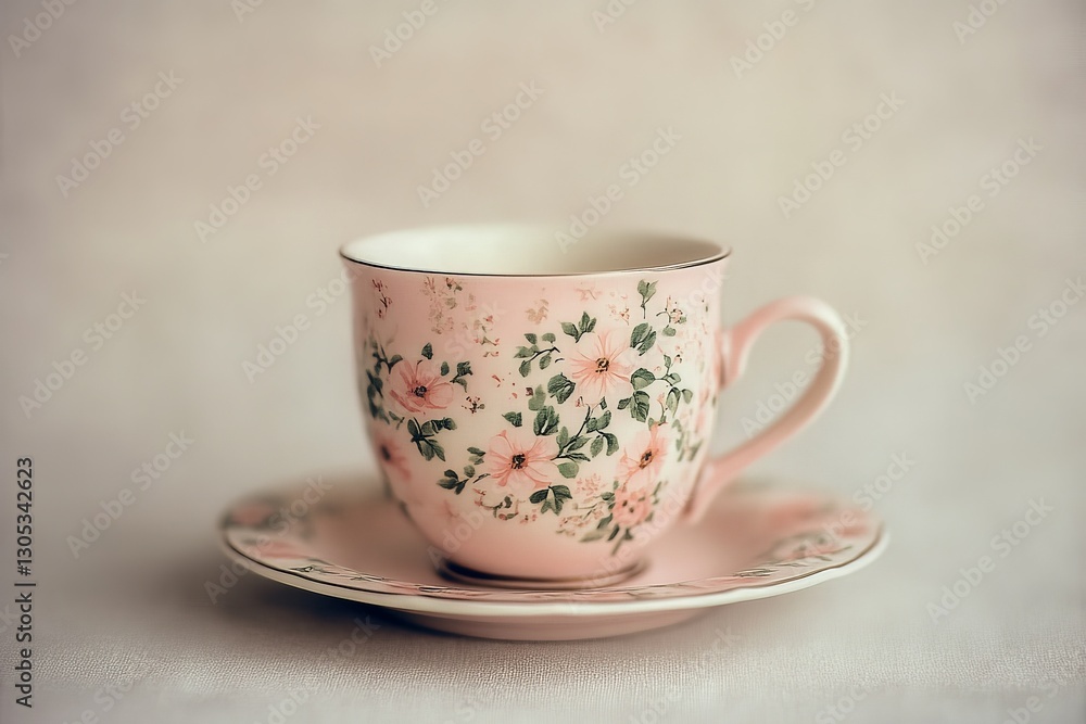 Fototapeta premium Delicate porcelain tea cup with floral design resting on matching saucer