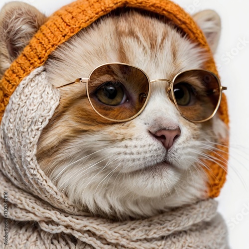 Cat wearing sunglasses and a cozy sweater enjoys a stylish moment in a warm setting