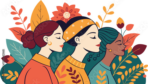 A diverse group of females portrayed with flowers in a paper cut-out style SVG . International Women's AI, Day, EPS, PNG, JPEG File.