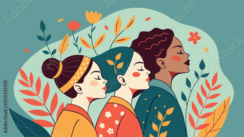 A diverse group of females portrayed with flowers in a paper cut-out style SVG . International Women's AI, Day, EPS, PNG, JPEG File.