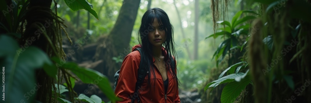 A jungle explorer stands amidst lush greenery, showcasing adventure and mystery in a vibrant tropical rainforest. A jungle explorer stands amidst lush greenery, showcasing adventure and mystery in a vibrant tropical rainforest.
