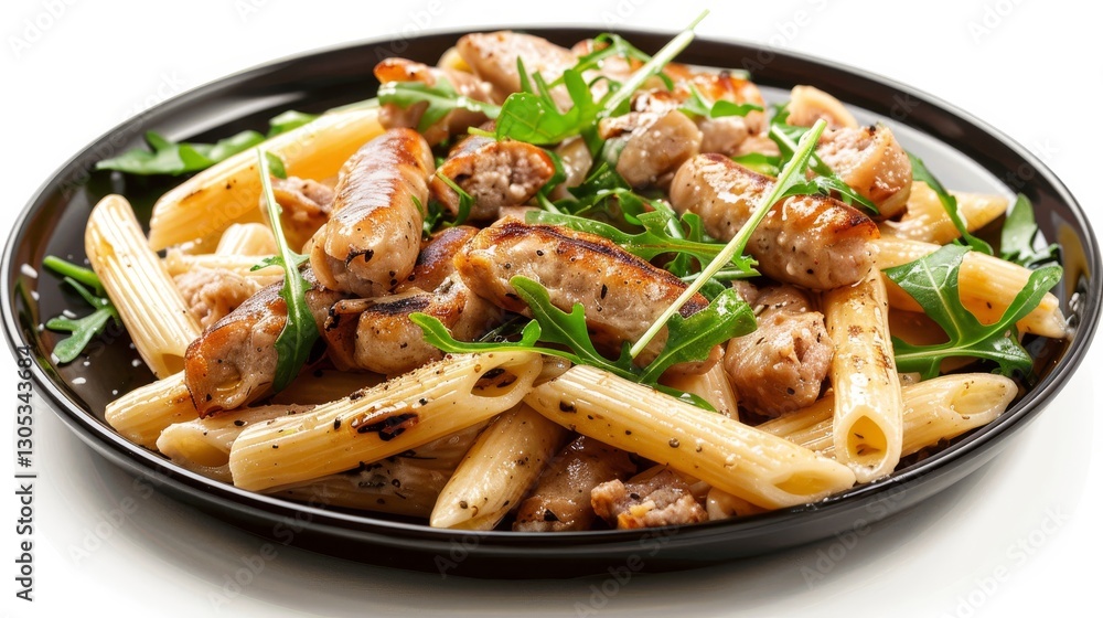 Delicious penne with sausages and arugula served on a black plate against a white background Delicious penne with sausages and arugula served on a black plate against a white background
