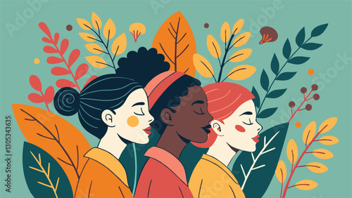 A diverse group of females portrayed with flowers in a paper cut-out style SVG . International Women's AI, Day, EPS, PNG, JPEG File.