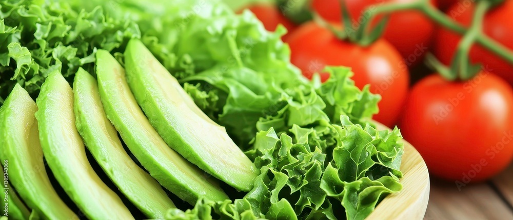 Fresh green lettuce and sliced cucumbers are beautifully arranged in a bowl, accompanied by ripe red tomatoes in the background. Fresh green lettuce and sliced cucumbers are beautifully arranged in a bowl, accompanied by ripe red tomatoes in the background.