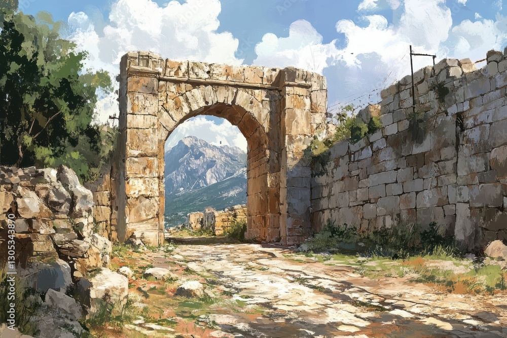Mycenae. Lion Gate: Main Entry to Ancient Hill Town with Stone Arch Ruins Mycenae. Lion Gate: Main Entry to Ancient Hill Town with Stone Arch Ruins