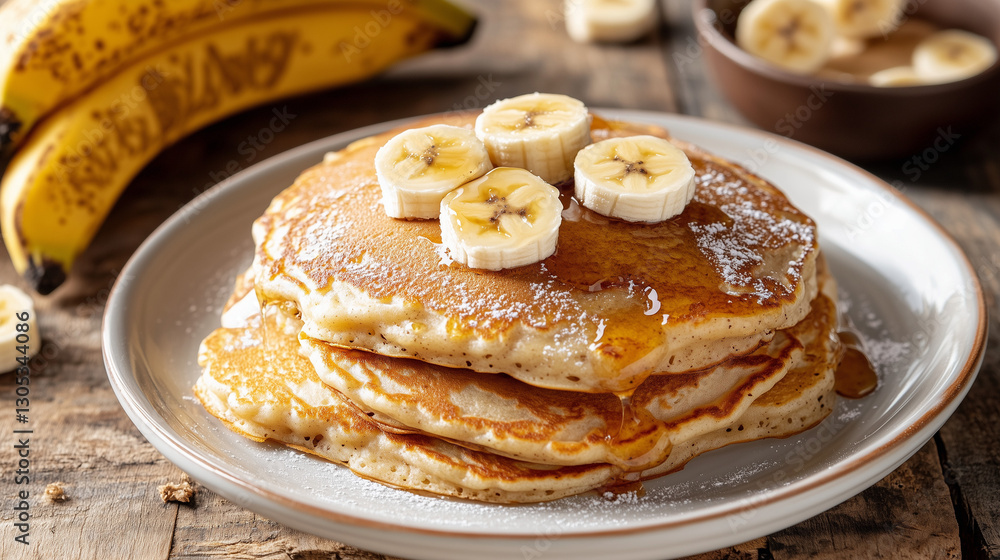 fluffy pancakes with caramelised banana on a rustic wooden table fluffy pancakes with caramelised banana on a rustic wooden table