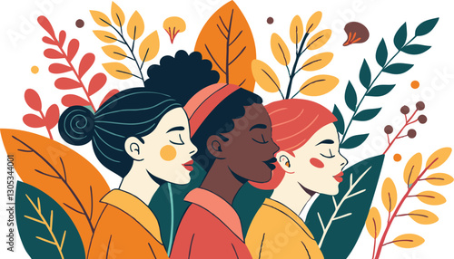 A diverse group of females portrayed with flowers in a paper cut-out style SVG . International Women's AI, Day, EPS, PNG, JPEG File.