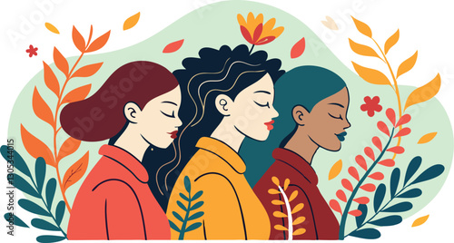 A diverse group of females portrayed with flowers in a paper cut-out style SVG . International Women's AI, Day, EPS, PNG, JPEG File.