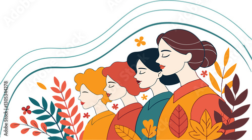 A diverse group of females portrayed with flowers in a paper cut-out style SVG . International Women's AI, Day, EPS, PNG, JPEG File.