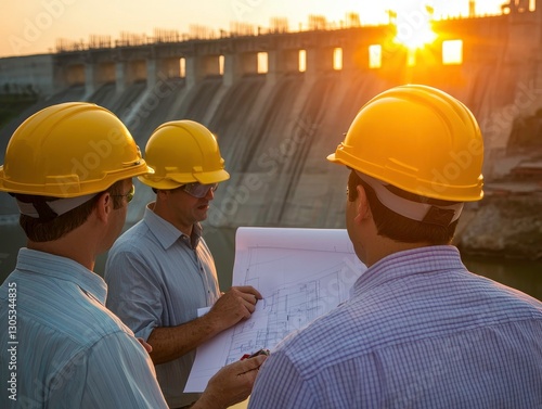 Engineers in hard hats discuss plans at a dam during sunset, showcasing teamwork and construction planning.