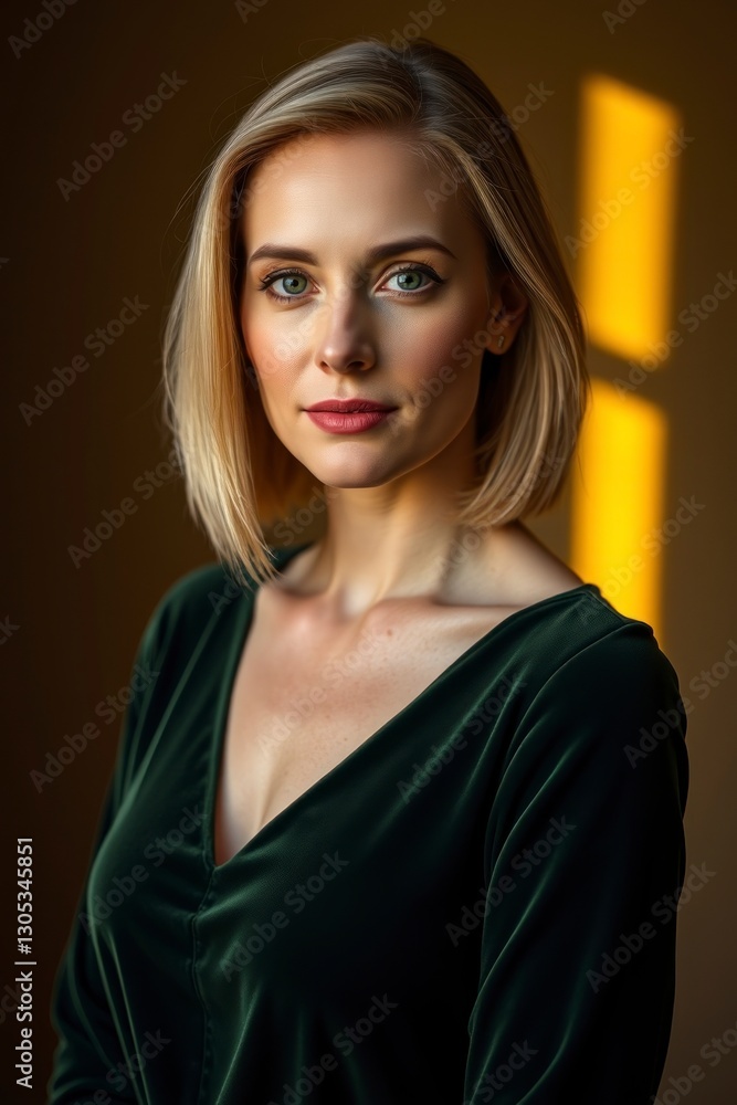 Fototapeta premium Elegant Woman Portrait in Green Velvet Dress