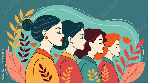 A diverse group of females portrayed with flowers in a paper cut-out style SVG . International Women's AI, Day, EPS, PNG, JPEG File.