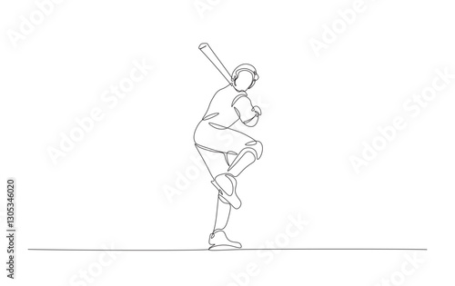 Continuous line drawing of baseball player hitting the ball. Baseball player in action simple outline illustration.