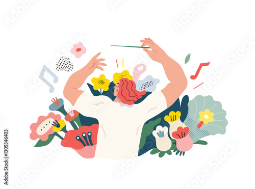 Life Unframed: Flower orchestra -modern flat vector concept illustration of symphony conductor, bloom music. Metaphor of unpredictability, imagination, whimsy, existence cycle, play, growth, discovery