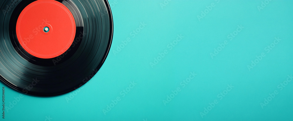 Black vinyl record with red label on turquoise background, showcasing ample free space for text or design elements, representing retro music or vintage style Black vinyl record with red label on turquoise background, showcasing ample free space for text or design elements, representing retro music or vintage style