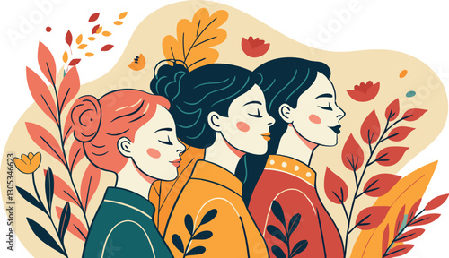 A diverse group of females portrayed with flowers in a paper cut-out style SVG . International Women's AI, Day, EPS, PNG, JPEG File.