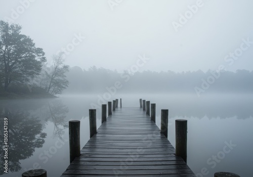 A foggy morning lake with a wooden dock and misty atmosphere.

