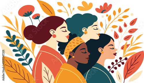 A diverse group of females portrayed with flowers in a paper cut-out style SVG . International Women's AI, Day, EPS, PNG, JPEG File.