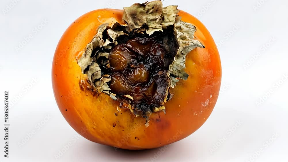 Decay of a persimmon shows the effects of overripe fruit on its surface and texture