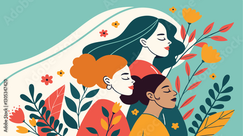 A diverse group of females portrayed with flowers in a paper cut-out style SVG . International Women's AI, Day, EPS, PNG, JPEG File.