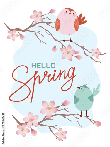 Spring bird. Adorable birds on a branch of an apple tree blooming with pink flowers on a background of a blue sky. Vector illustration.