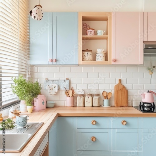 A bright and airy kitchen space with pastel colors and wooden surfaces