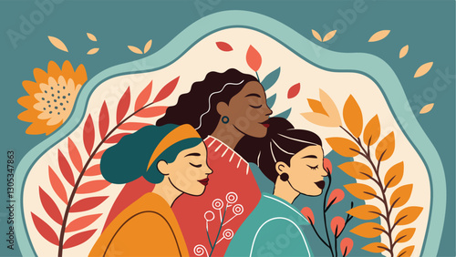 A diverse group of females portrayed with flowers in a paper cut-out style SVG . International Women's AI, Day, EPS, PNG, JPEG File.