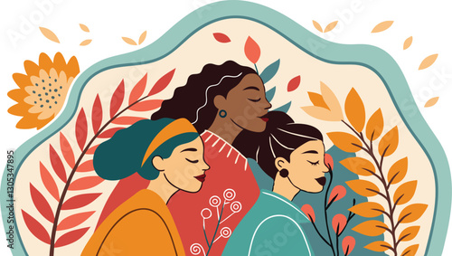 A diverse group of females portrayed with flowers in a paper cut-out style SVG . International Women's AI, Day, EPS, PNG, JPEG File.