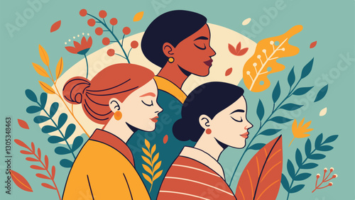 A diverse group of females portrayed with flowers in a paper cut-out style SVG . International Women's AI, Day, EPS, PNG, JPEG File.