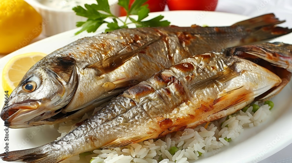Crispy fried fish served with fluffy rice on a clean white plate against a minimalist background Crispy fried fish served with fluffy rice on a clean white plate against a minimalist background
