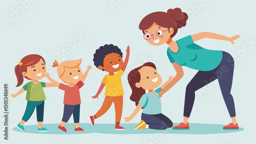 The teacher leads the children in a series of stretching exercises giggles erupting as they try to balance on one foot.. Vector illustration