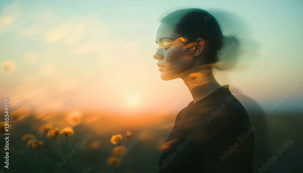 Fototapeta premium Silhouette of serene woman in floral field at sunset with ethereal double exposure effect